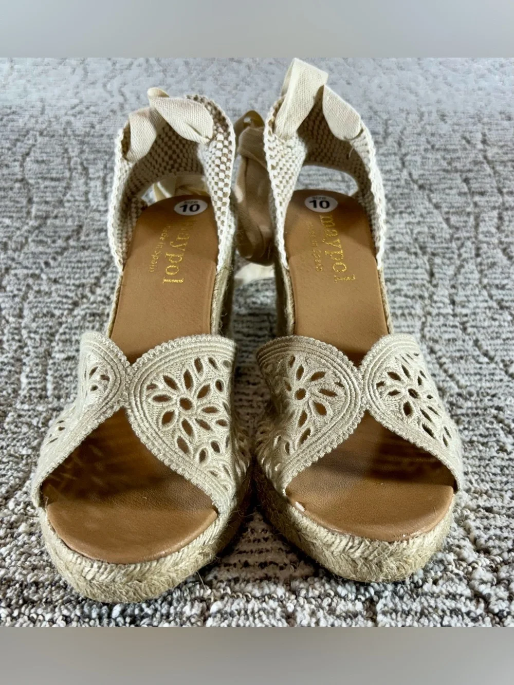 NEW Maypol Women’s Size 10 Beige Lace-Up Crochet Espadrille Wedge Sandals